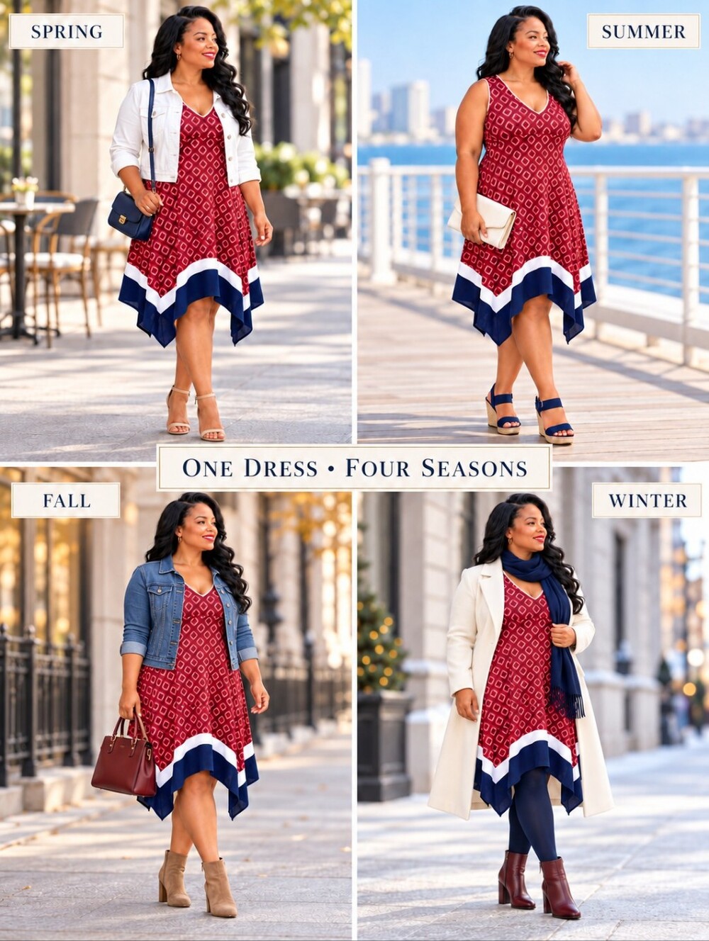 PerSeption Red,White & Blue Geometric Print Asymmetrical Stretch Midi Dress